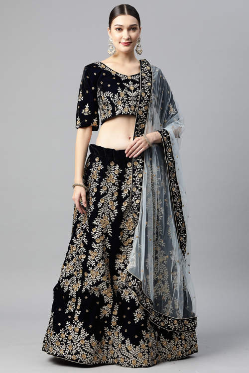 Navy Blue Zari Embroidered Velvet Panelled Style Lehenga