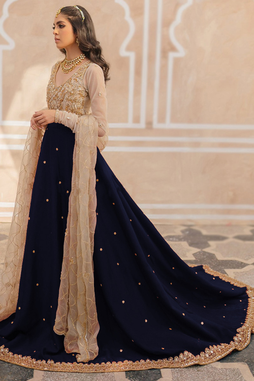 Navy Blue Silk Embroidered Wedding Wear Lehenga