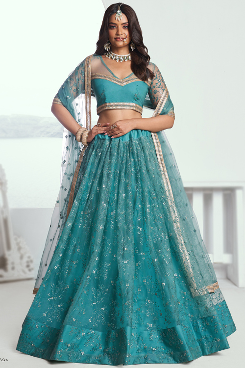 Net Aqua Blue Embroidered Flared Style Lehenga