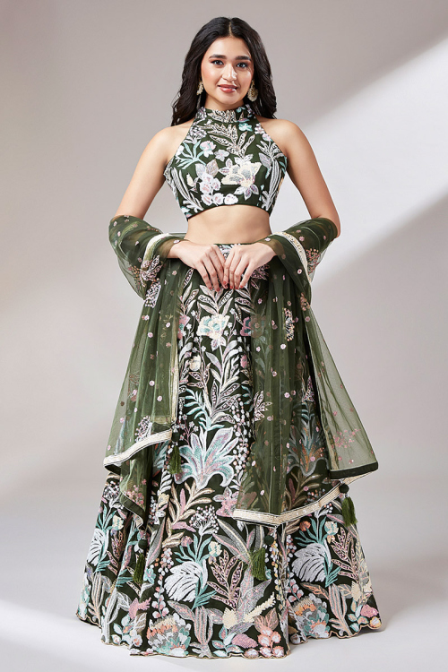 Net Army Green Embroidered Wedding Wear Lehenga