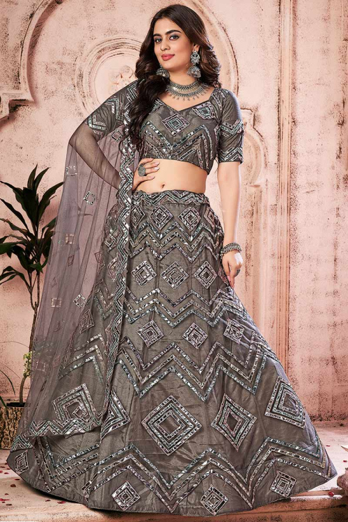 Net Ash Grey Designer Party Wear Lehenga With Silver Lace Work