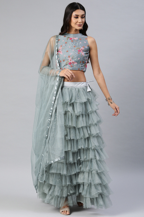 Net Ash Grey Resham Embroidered Layered Style Lehenga 