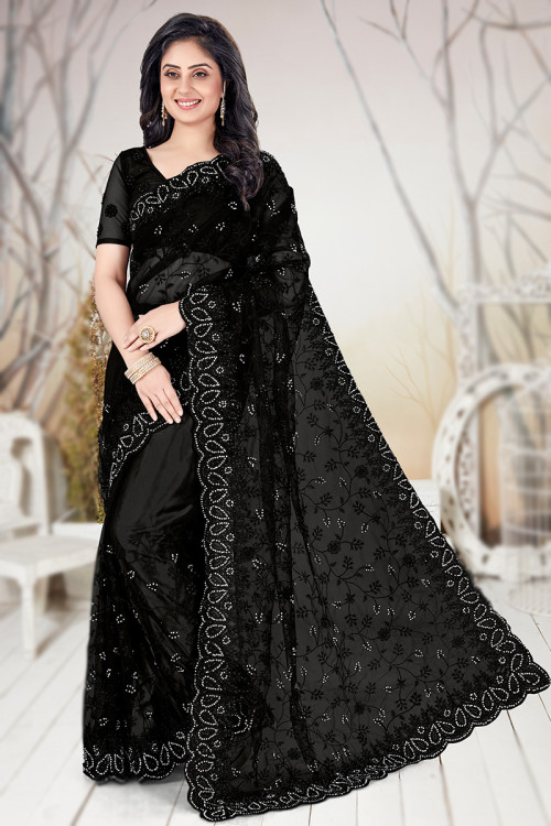 Net Black Pearl Embroidered Saree For Sangeet 