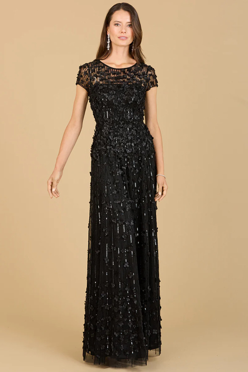 Net Black Sequins Embroidered Cocktail Gown