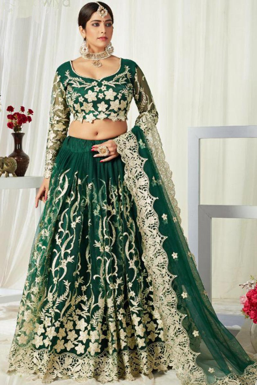 Net Bottle Green Lehenga With Cut Work