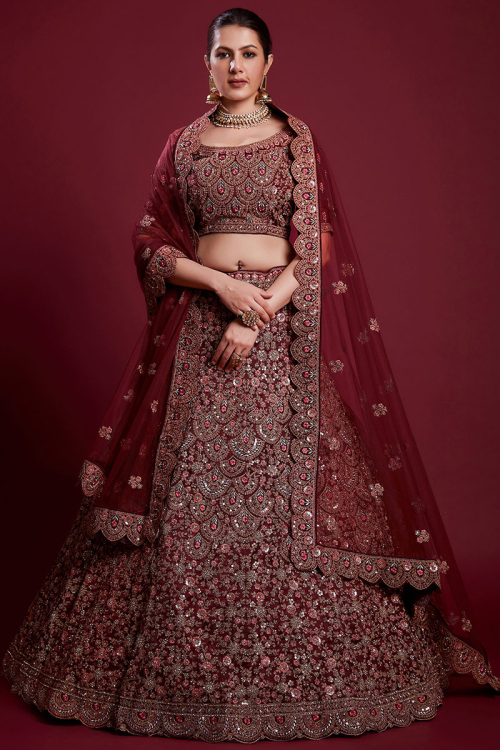Net Burgundy Maroon Embroidered Bridal Wear Lehenga 