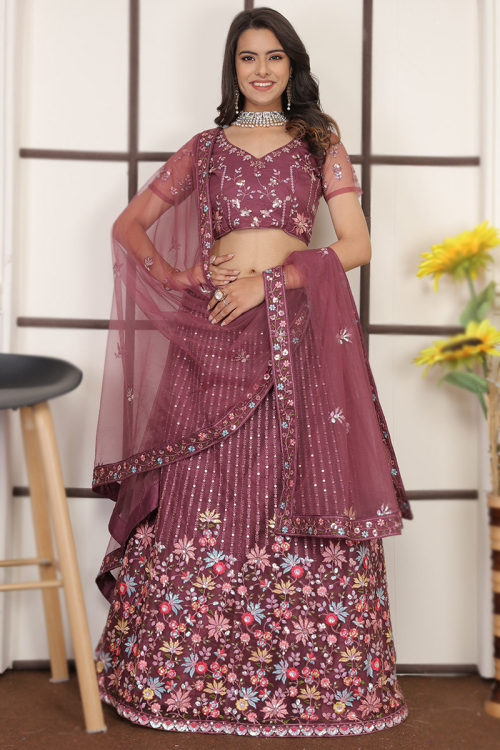 Net Burgundy Maroon Embroidered Panelled Style Lehenga