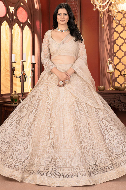 Net Cream Beige Lehenga with Sequins Work for Festival