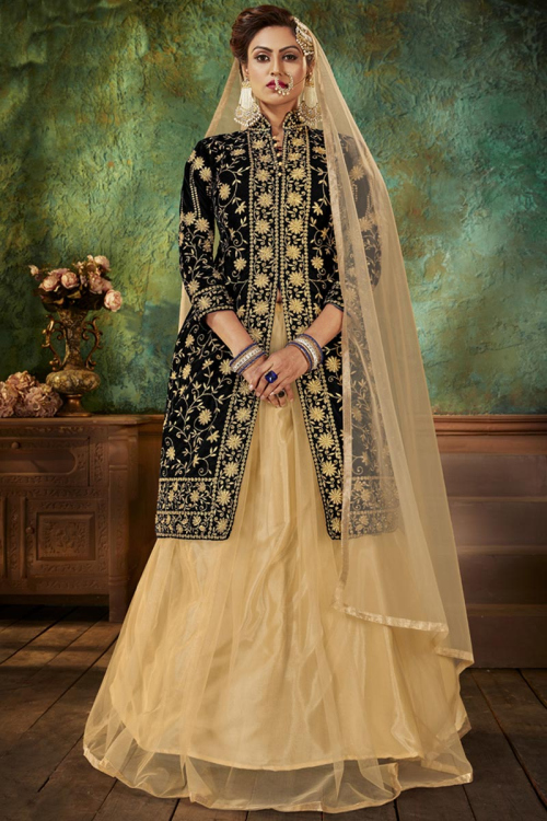 Net Indian Party Wear Lehenga In Dark Beige Color