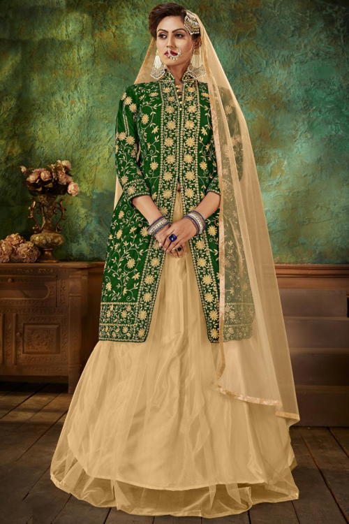Net Indian Wedding Lehenga In Dark Beige Color
