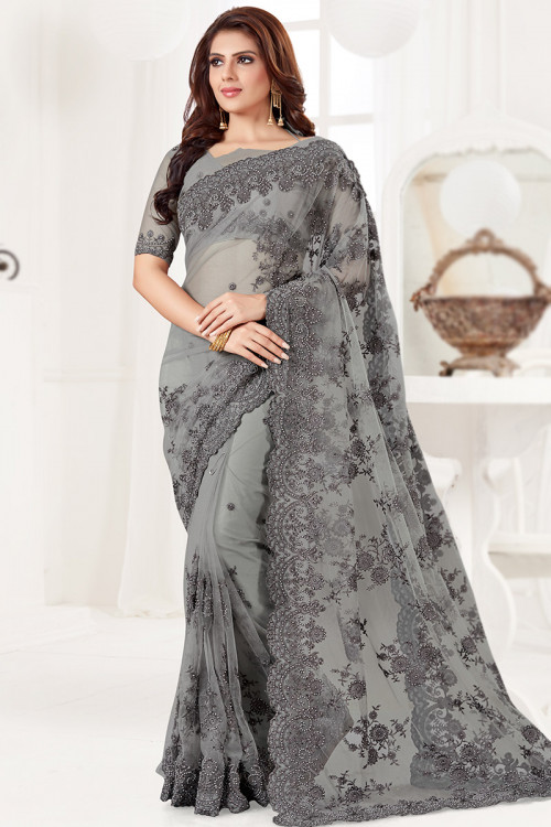 Net Dark Grey Pearl Embroidered Wedding Wear Saree 