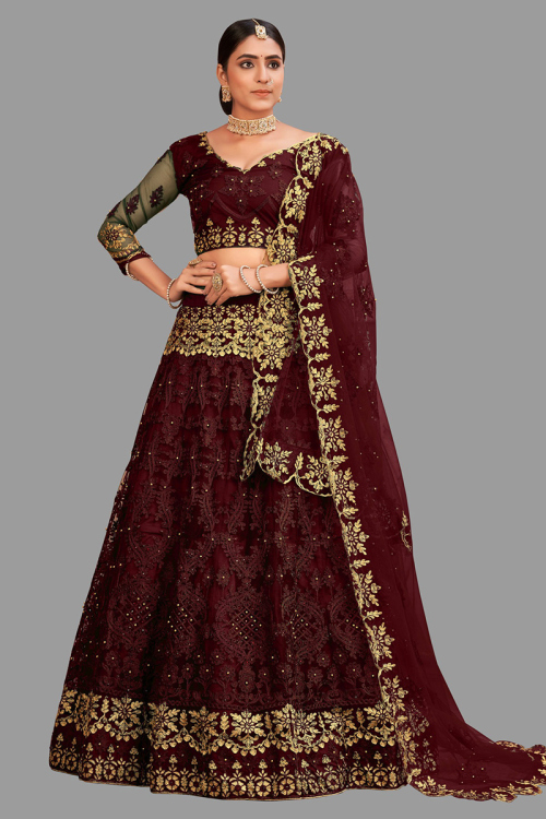 Net Dark Maroon Embroidered Panelled Style Lehenga