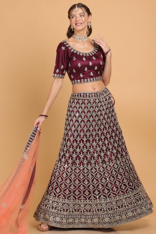 Net Dark Purple Dori Embroidered Panelled Lehenga for Wedding & Party