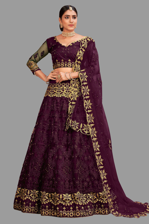 Net Dark Purple Embroidered Panelled Style Lehenga