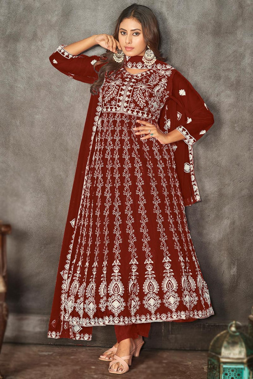 Net Deep Red Resham Embroidered Anarkali Suit