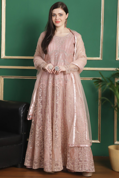 Net Dori Embroidered Dusty Pink A Line Anarkali Suit 