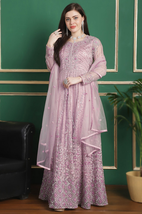 Net Dori Embroidered Lavender Pink A Line Anarkali Suit 