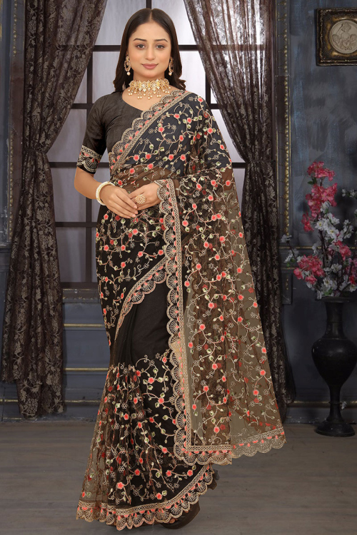 Net Dusty Black Dori Embroidered Heavy Saree 