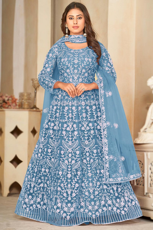 Net Dusty Blue Resham Thread Embroidered Anarkali Suit 