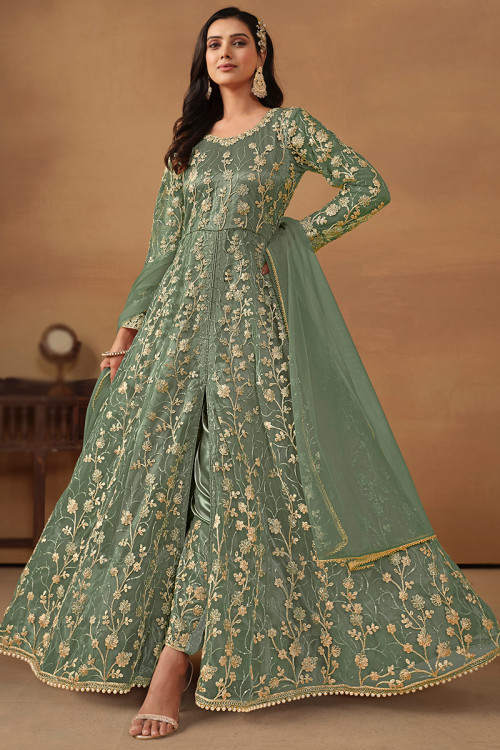 Net Dusty Green Sequins Embroidered Front Slit Anarkali Suit