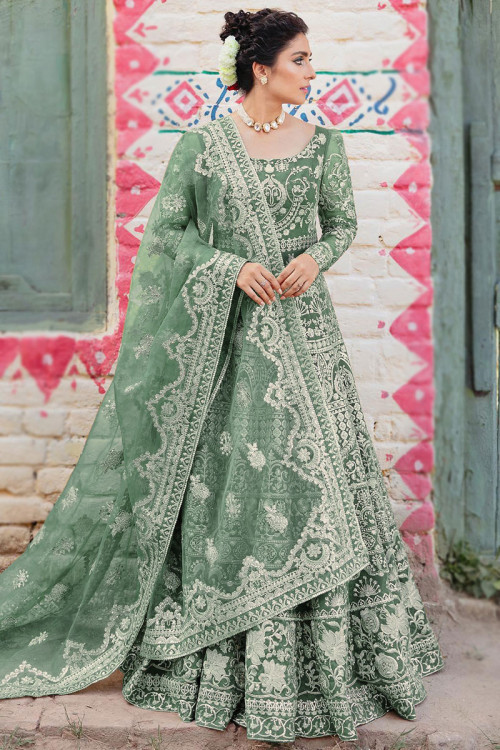 Net Dusty Green Zari Embroidered Anarkali Suit