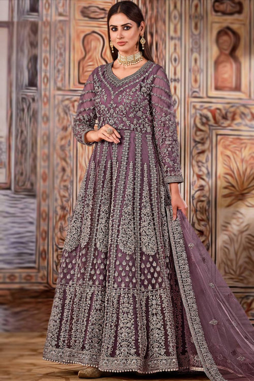 Net Dusty Mauve Dori Embroidered Anarkali Suit
