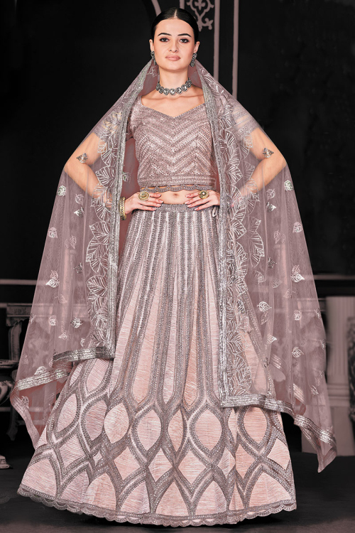 Net Dusty Pink Dori Embroidered A-line Lehenga