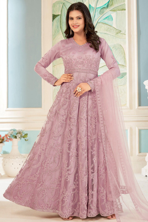 Net Dusty Pink Embroidered Anarkali Suit