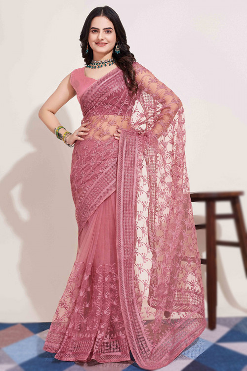 Pink net party wear saree 21304