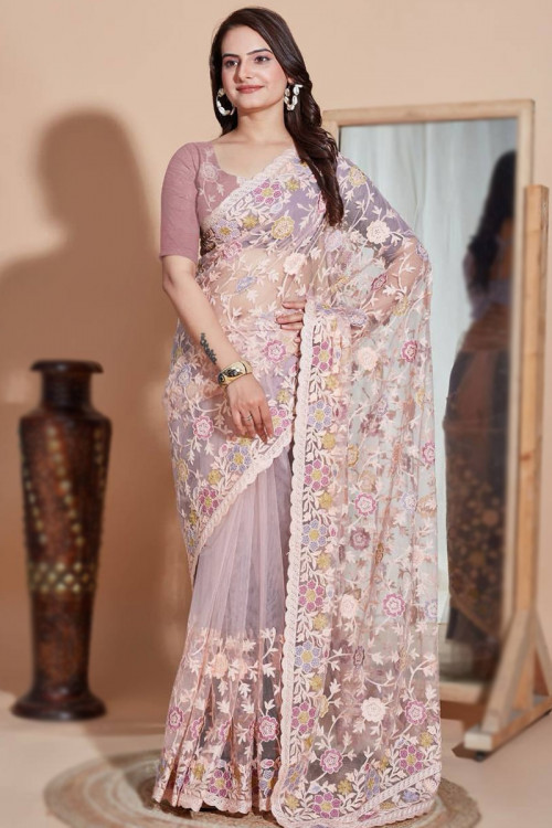 Net Dusty Pink Resham Embroidered Heavy Saree 