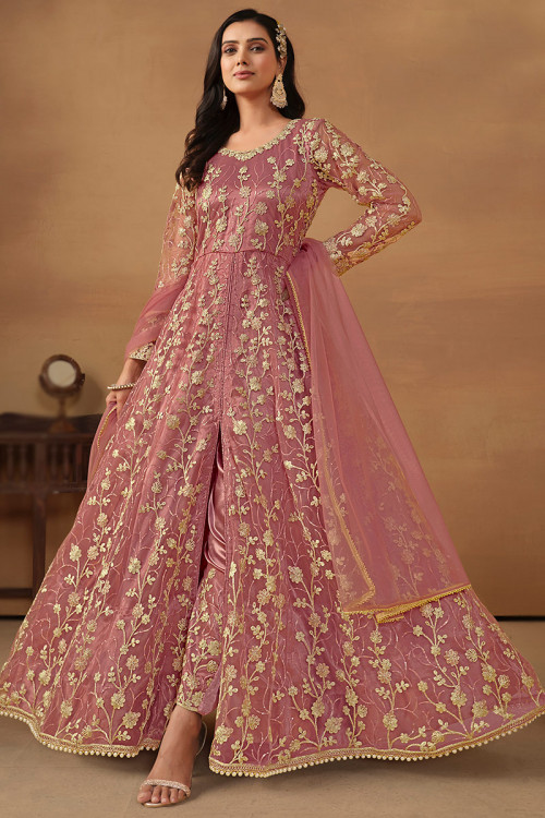Net Dusty Pink Sequins Embroidered Front Slit Anarkali Suit