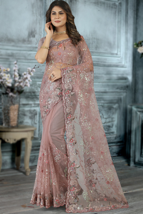 Net Dusty Pink Wedding Wear Embroidered Saree 