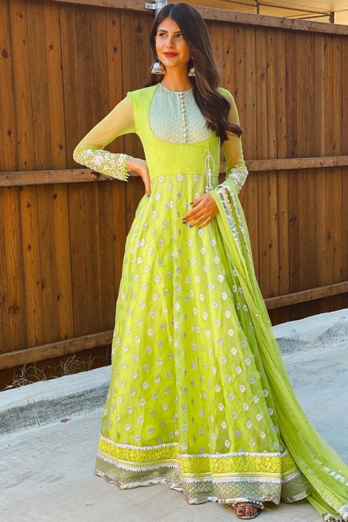 Net Embroidered Anarkali Suit In Light Green Colour