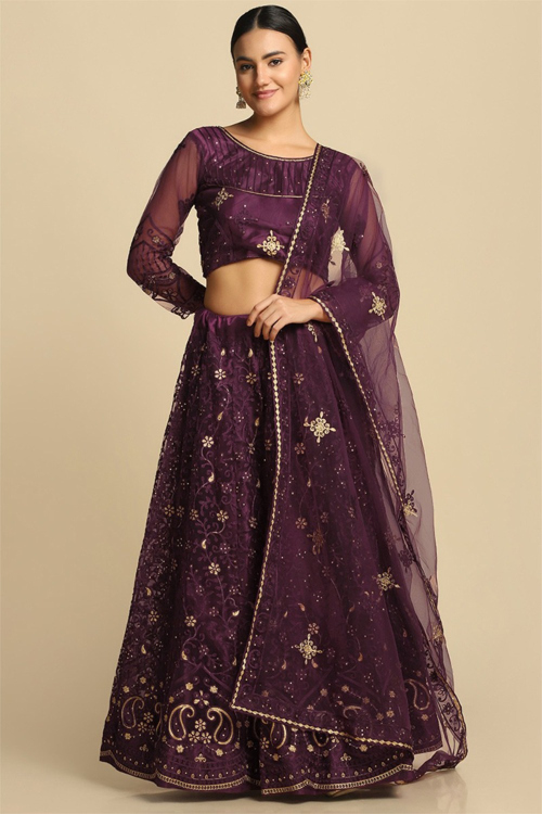 Net Embroidered Dark Wine Maroon Panelled Style Lehenga