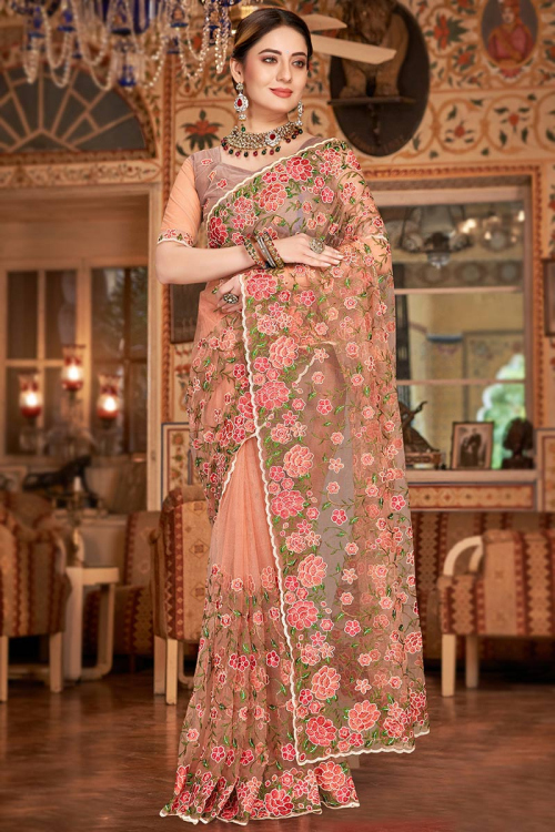 Net Embroidered Dusty Peach Saree