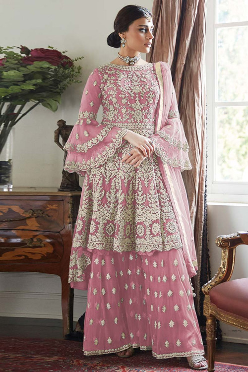 Net Embroidered Sharara Suit In Rose Pink Colour