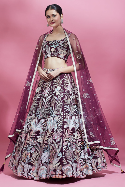 Net Embroidered Wine Panelled Style Lehenga 