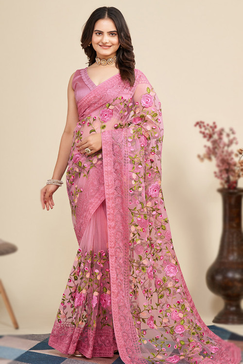 Blush Pink Net Embroidered Saree SARV151775