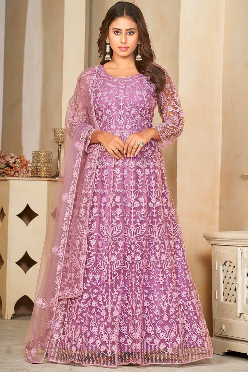 Net Lavender Pink Resham Thread Embroidered Anarkali Suit 