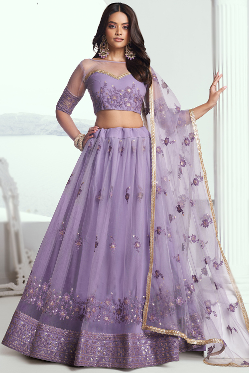 Net Lavender Purple Embroidered Flared Style Lehenga