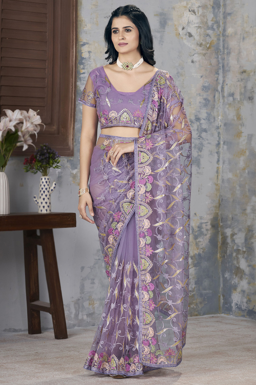 Net Lavender Purple Embroidered Light Weight Saree