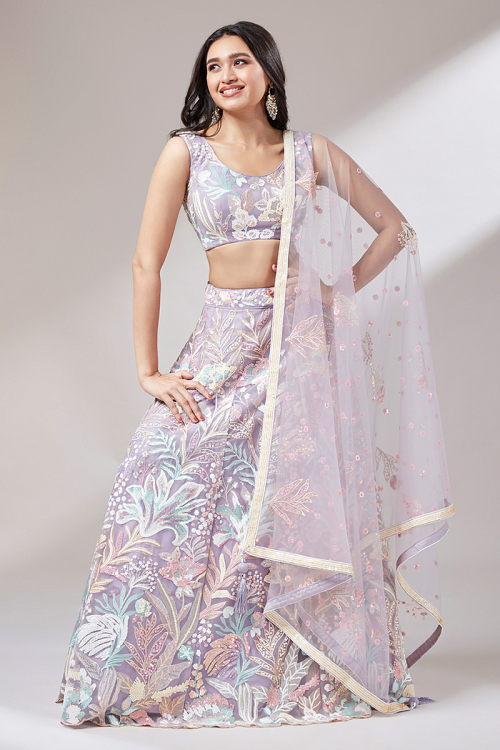 Net Lavender Purple Embroidered Panelled Style Lehenga