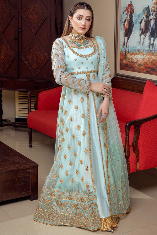 Net Light Blue Anarkali Suit with Sequins Work for Sangeet