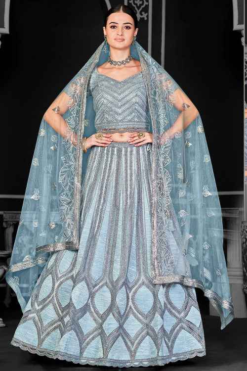 Net Light Blue Embroidered Panelled Lehenga
