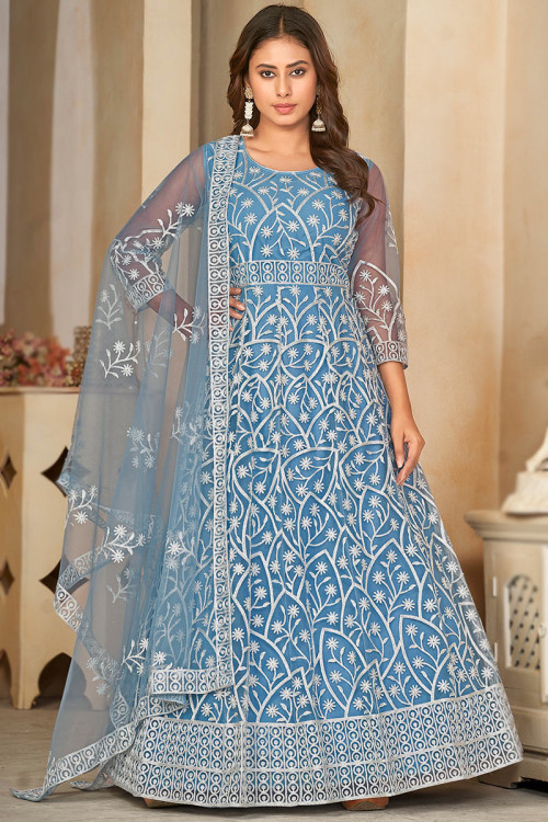 Net Light Blue Resham Thread Embroidered Anarkali Suit 