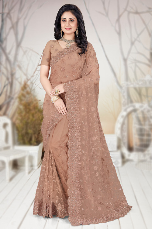 Net Light Brown Pearl Embroidered Saree For Sangeet 