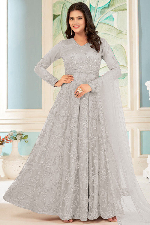 Net Light Grey Embroidered Anarkali Suit