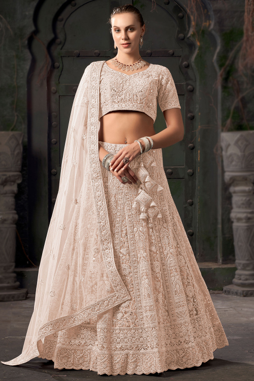 Net Light Peach Dori Embroidered Panelled Style Lehenga 