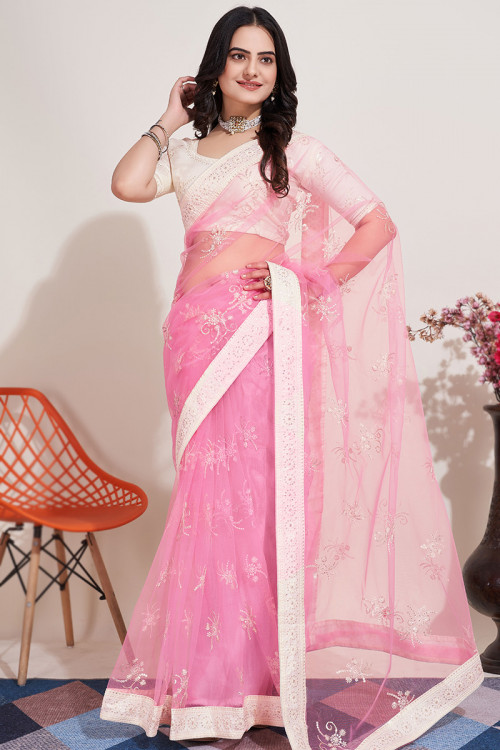 Net Light Pink Sequins Embroidered Light Weight Saree 