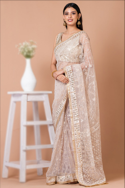 Net Light Weight Embroidered Off White Saree
